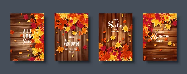Poster Autumn falling leaves. Banner set. Nature background with red, orange, yellow foliage. Flying leaf. Season sale. Vector illustration. © 32 pixels
