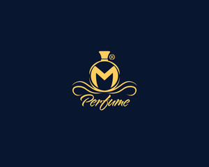 Elegant Luxury perfum logo design letter M gold with a dark background for your perfume company, parfumerie and more business like cosmetics boutique, beauty, floral,.eps