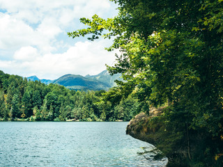 Mountain lake on the background of the Alps