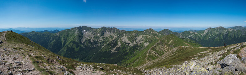 Panoramic view from Baranec peak on Western Tatra mountains or Rohace panorama. Sharp green mountains - ostry rohac, placlive and volovec with hiking trail on ridge. Summer blue sky white clouds. - obrazy, fototapety, plakaty