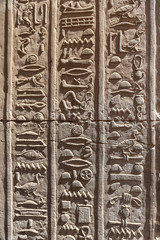 Hieroglyphics in Kom Ombo Temple, Aswan, Egypt