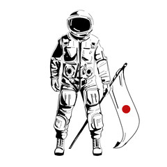 Astronaut taking national japanese flag . Creative banner advertising. Modern print. Asian Cosmology symbol. Day of cosmology 12 of april. Vector illustration.