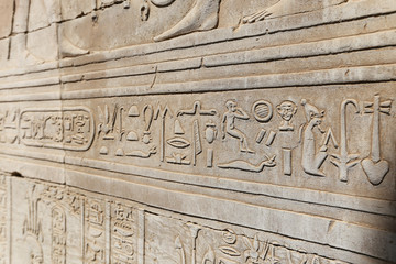 Hieroglyphics in Kom Ombo Temple, Aswan, Egypt