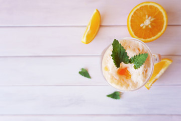 orange smoothie, milkshake with orange and mint