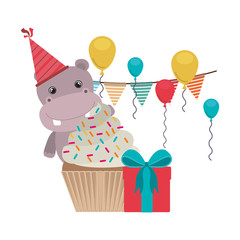 cute hippo with party hat on white background