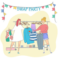 Swap party girls sell, buy and exchange clothes. Garage sale. Two young social and eco responsible girls at fashion swap party. Reduce and reuse concept. Eco living. Vector cartoon style illustration.