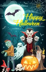Halloween ghost, dracula vampire, zombie and bats