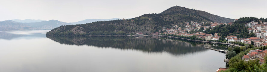 Fototapeta na wymiar Panorama of a mountain lake and the city(Macedonia, northwest Greece)