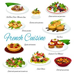 French cuisine salads, foie gras, soup and quiche