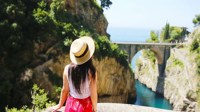 Famous fiordo di furore beach seen from bridge.