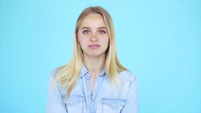 Upset desperate female stifling from crying.