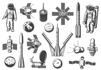 Rockets shuttles icons, astronomy and outer space © Vector Tradition