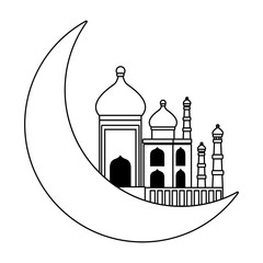 Taj mahal and quarter moon cartoon isolated in black and white