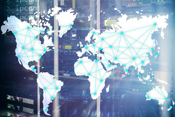 Internet and telecommunication concept with world map on server room background