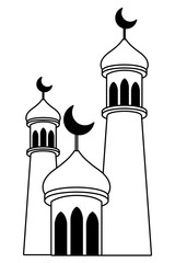 Eid mubarak towers with quarter moon in black and white