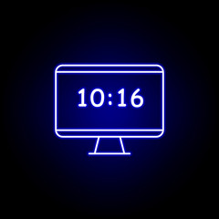 pc monitor clock time icon in blue neon style.. Elements of time illustration icon. Signs, symbols can be used for web, logo, mobile app, UI, UX