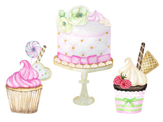 Watercolor cupcake and Birthday and wedding watercolor cake, hand drawn delicious food illustration, cake isolated on white background.