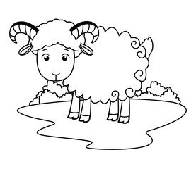 Cute goat in nature cartoon isolated in black and white