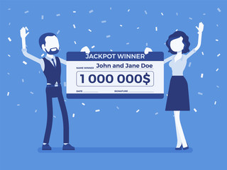 Winning lottery ticket, happy pair holding giant check. Successful couple celebrating chance event of getting prize, good luck to achieve large money fund. Vector illustration, faceless characters