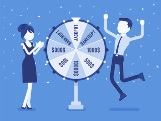 Winning jackpot, happy man successful in game show. Boy celebrating getting first prize, chance and luck to achieve large money fund, good fortune. Vector illustration, faceless characters