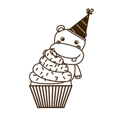 silhouette of hippo with cake of happy birthday