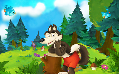 Cartoon fairy tale scene with wolf on the meadow - illustration for children © agaes8080