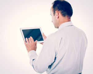 communication. businessman working with tablet on white backgrou