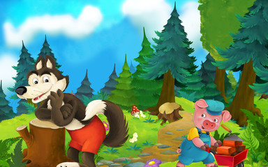 Cartoon fairy tale scene with wolf and pig on the meadow - illustration for children