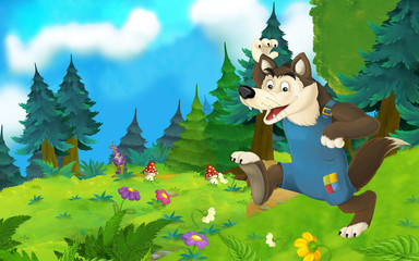 Cartoon fairy tale scene with wolf on the meadow - illustration for children