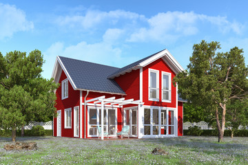 Fototapeta na wymiar 3d Illustration - Ein rotes, skandinavisches Einfamilienhaus in blühender Natur im Sommer am Tag