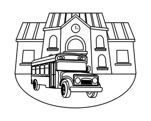 School building and bus cartoon isolated in black and white