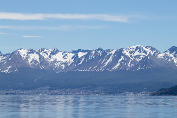 Ushuaia cityscape from Beagle channel, Argentina landscape