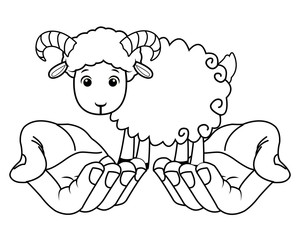 Hands holding goat cartoon isolated in black and white