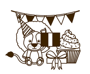 cute lion with party hat on white background