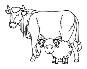 Cow and goat animals cartoon isolated in black and white