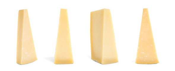 Set of delicious cheese on white background. Banner design