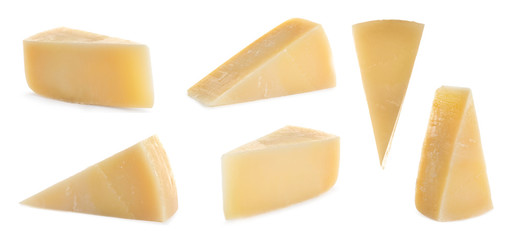 Set of delicious cheese on white background