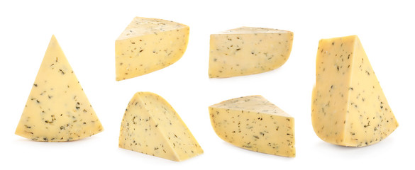 Set of delicious cheese on white background