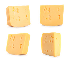 Set of delicious cheese on white background