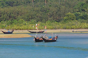 Fishing boats on the lagoon of Tizit beach on the Dawei peninsula, Myanmar