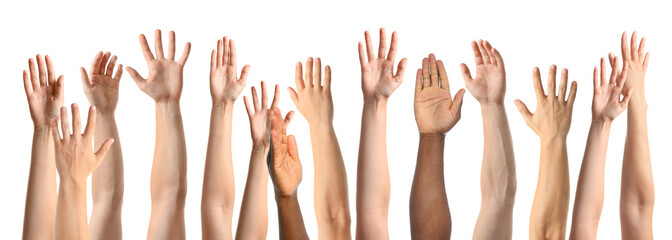 African-American man extending hand for shake on white background, closeup