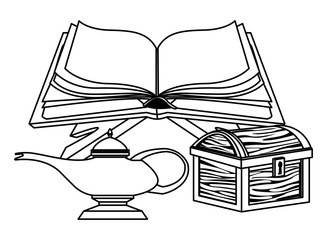 Book open with magic lamp and wooden chest in black and white