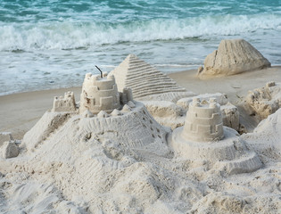 Close up View of Sand Castles and Pyramid at Florida beach. - 280296544