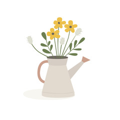 A bouquet of wild flowers in a garden watering can. Floristry. Flower arrangements, flowers for decoration. Vector illustration in trendy flat style.