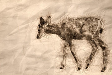 Sketch of a Young Buck Deer Walking Across the Open Field