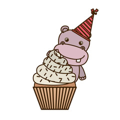 cute hippo with cake of happy birthday