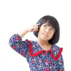 Asian girl thinking pose. Isolated white background