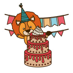 cute lion with party hat on white background