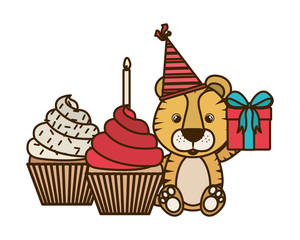 cute tiger with party hat on white background