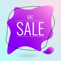 Big sale liquid banner. Round fluid shape with text on it. Thin 3d-like line around. Light blue gradient background